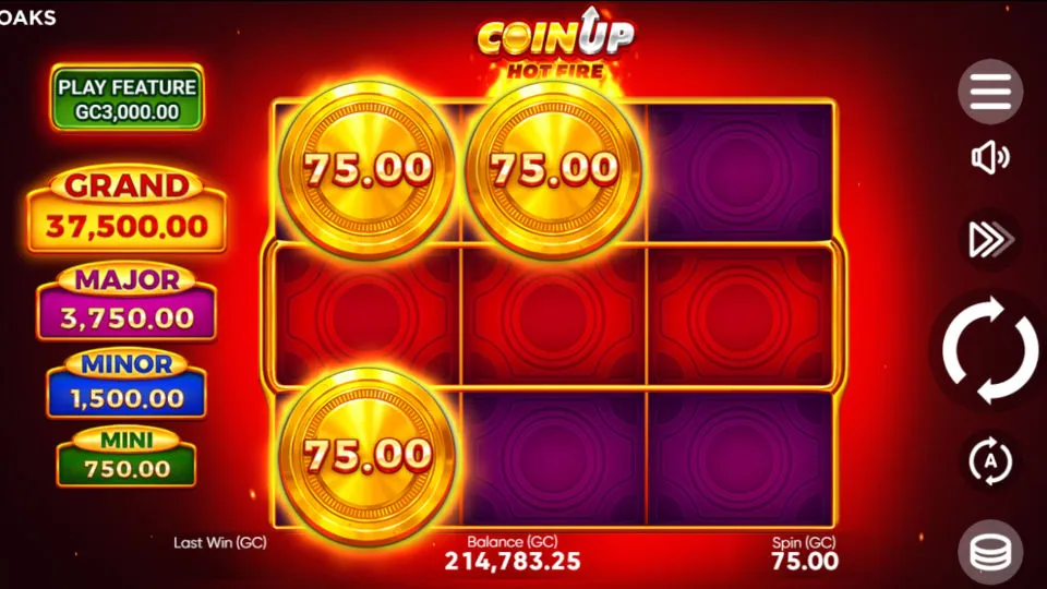 The gameplay screen for Coin Up Hot Fire shows large golden coins and a jackpot display beside the reels.