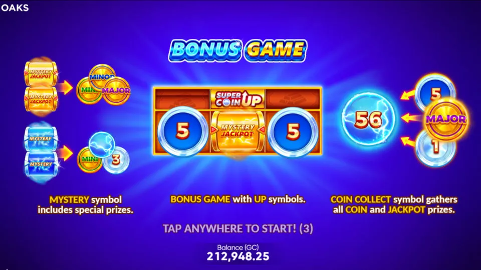 The Coin Up Lightning slot’s bonus screen with multipliers, mystery symbols, and Coin Collect mechanic displayed.