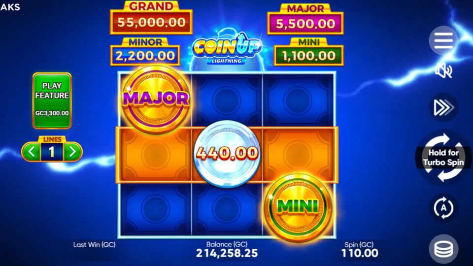 The gameplay screen of the Coin Up Lightning slot shows a simple 3x3 slot grid with jackpots and feature symbols.