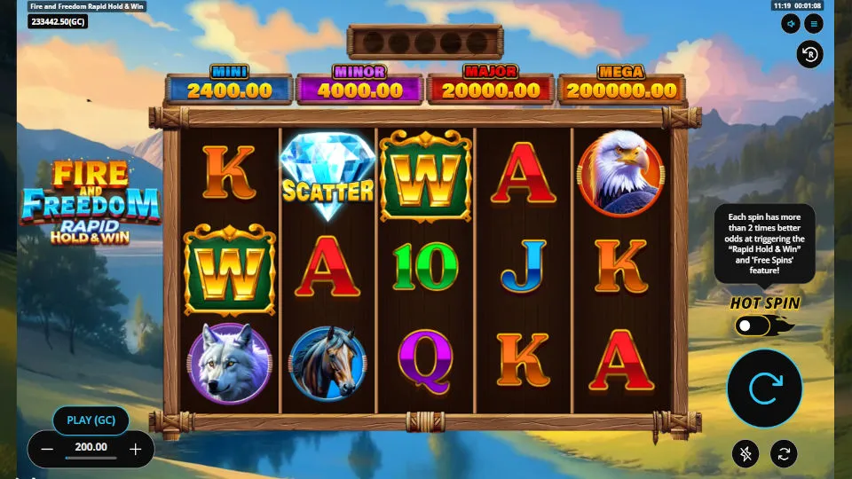 Gameplay screen shows the reels of the Fire and Freedom Hold and Win slot with scatter symbols in play.