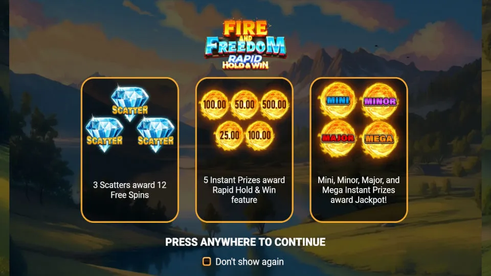 Opening screen of the Fire and Freedom Hold and Win slot with a scenic wild west background and the game’s title.