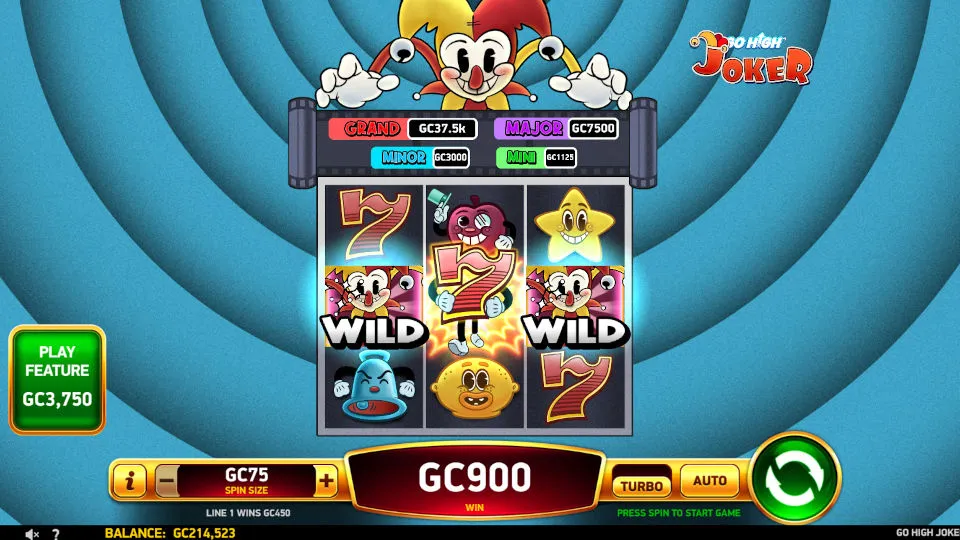 The Go High Joker slot’s big win screen shows a 900 GC prize win on a 3-reel slot with two Wilds and matching symbols.