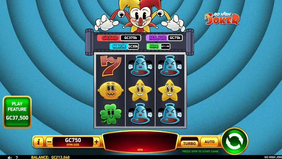 The Go High Joker slot’s gameplay screen show’s off the 3x3 reels, classic symbols, and jackpot tiers above.