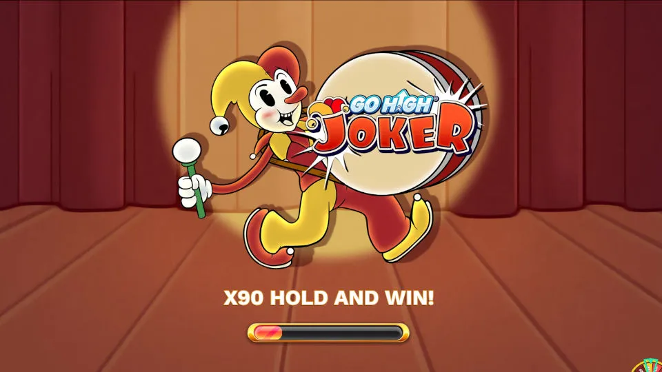 The opening screen for the Go High Joker slot shows the Joker mascot on stage with a loading bar and game title.