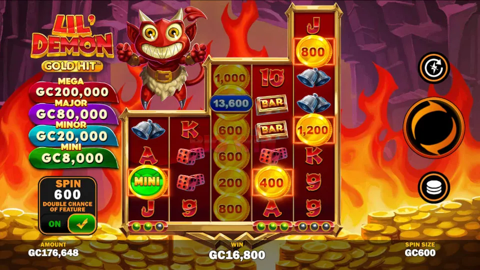 The winning screen of the Gold Hit: Lil’ Demon slot shows a total win of 16,800 GC with glowing gold coins, flames, and the Lil’ Demon grinning beside the reels.