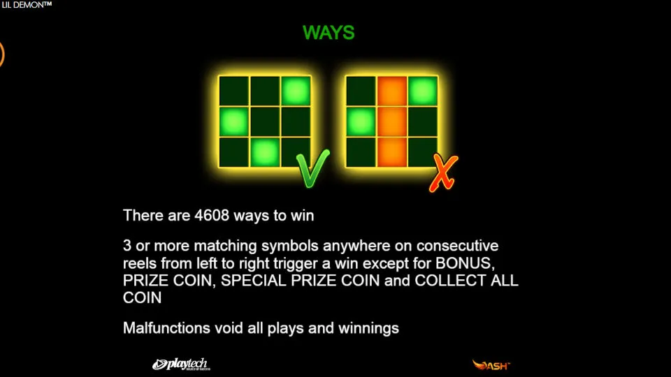 The game rules screen of the Gold Hit: Lil’ Demon slot shows valid and invalid symbol arrangements with a black background and glowing green and orange boxes.