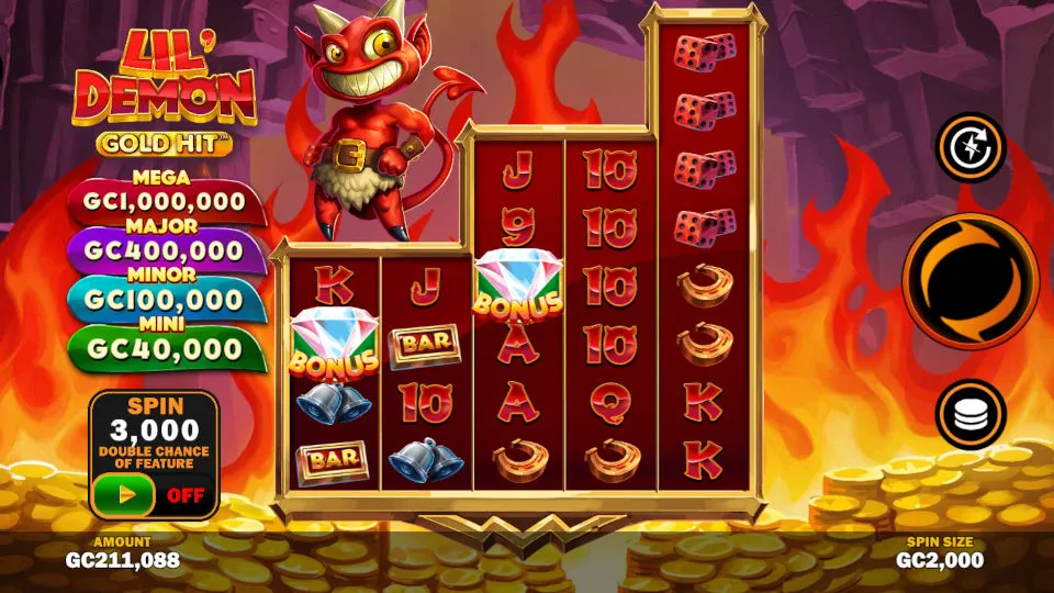 The gameplay screen with spinning reels, red and gold background, Lil' Demon on the left, and symbols like dice, bells, and diamonds.
