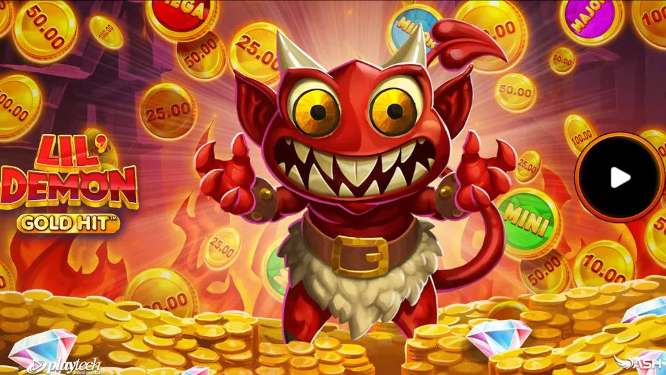 The opening screen of the Gold Hit: Lil’ Demon slot shows the Lil' Demon character standing on coins with floating gold tokens and gems in the background.