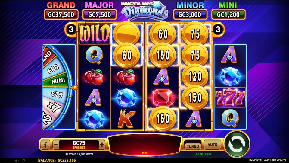 Gameplay screen of the Immortal Ways Diamonds slot shows symbols like Diamonds, 7s, and the Prize Wheel in action.