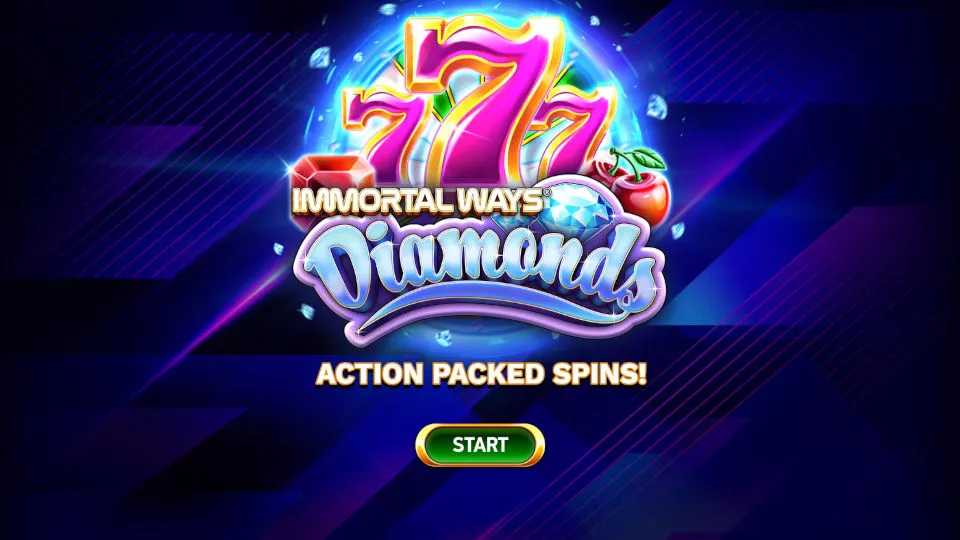 Opening screen of the Immortal Ways Diamonds slot with bright diamond symbols and other classic slot symbols.