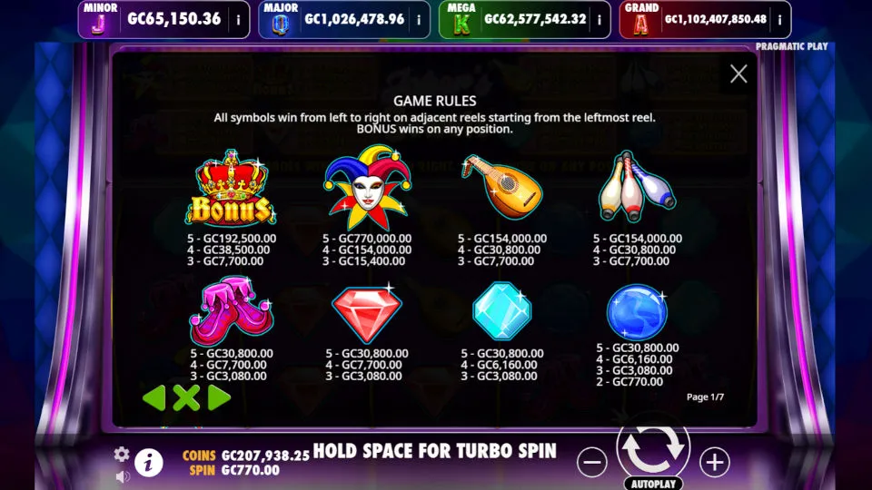 The game rules screen for Joker’s Jewels Jackpot Play shows winning values for symbols including jokers, diamonds, crowns, and musical instruments.