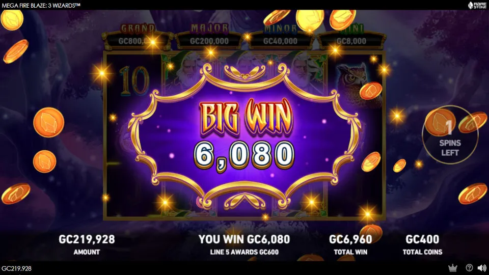 A free spins win in Mega Fire Blaze: 3 Wizards showing a big win of 6,080 GC.