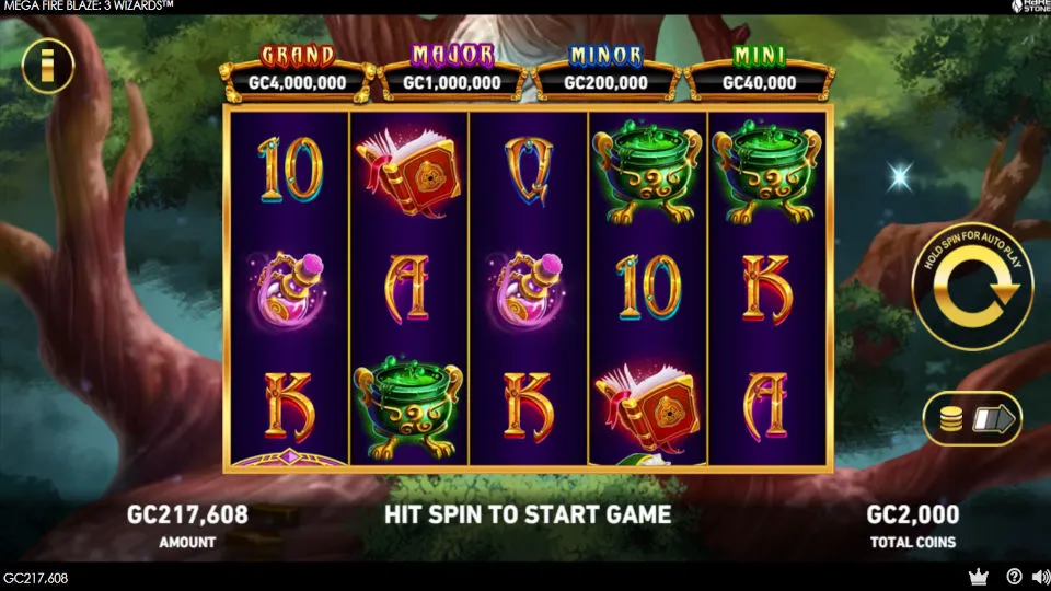 The gameplay screen of Mega Fire Blaze: 3 Wizards shows the slot reels with various symbols like books, potions, and cauldrons.