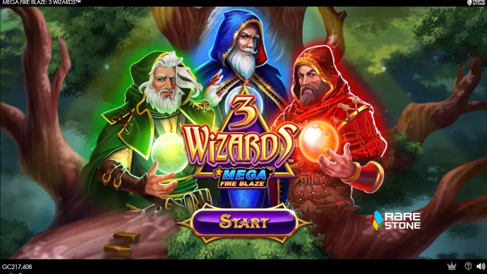 The opening screen of Mega Fire Blaze: 3 Wizards slot game shows three wizards holding glowing orbs.