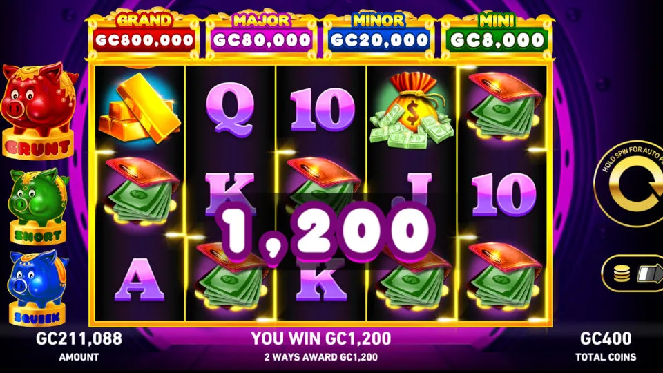 Win screen showing GC1,200 with glowing wallet symbols and a large win animation over colorful reels.