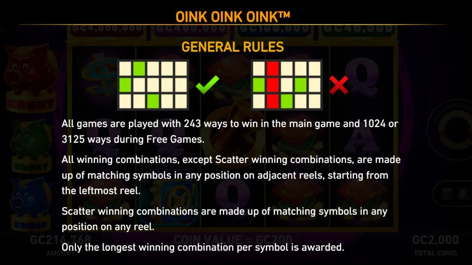 The game rules screen explains match patterns and scatter symbols, with visual diagrams showing valid and invalid symbol layouts.