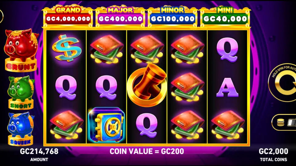 The reels spin with colorful icons like wallets and letters, pig characters on the side, and prize levels displayed above the game.