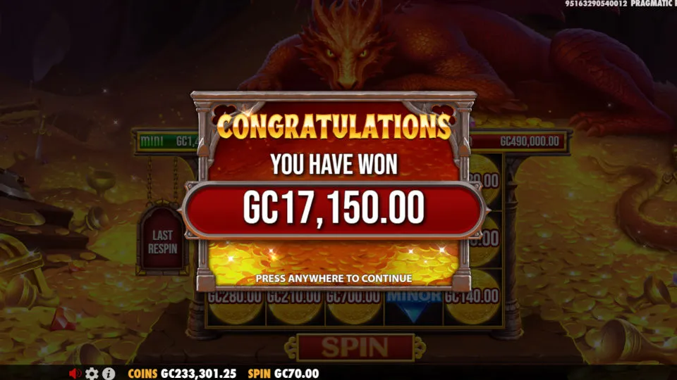The Sleeping Dragon slot’s big win screen shows a 17,150 GC prize over gold coins and a red dragon.