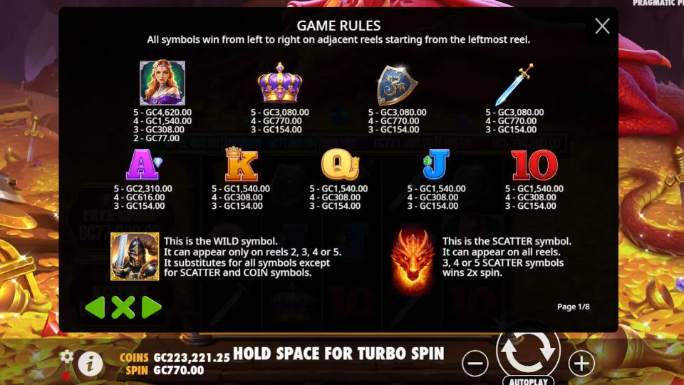 The games rules screen for the Sleeping Dragon slot shows high- and low-value icons, plus Wild and Scatter details.