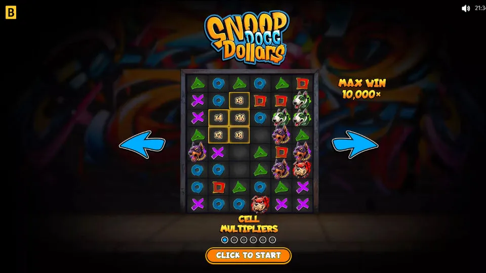 The Snoop Dogg Dollars slot opening screen shows a 6x8 grid, cell multipliers, and a graffiti background.
