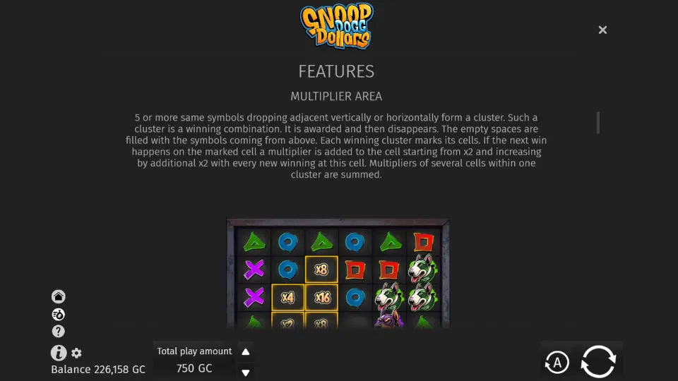The Snoop Dogg Dollars slot rules screen shows how cluster wins and multiplier cells function in the game.