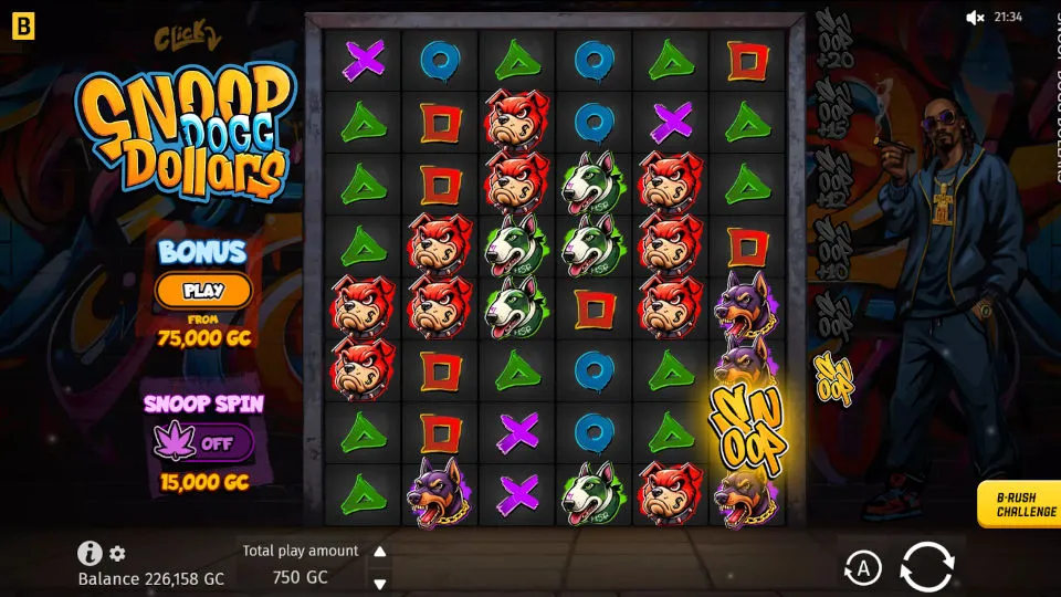 The Snoop Dogg Dollars slot’s gameplay screen has a 6x8 grid, character symbols, and bonus options on a graffiti backdrop.