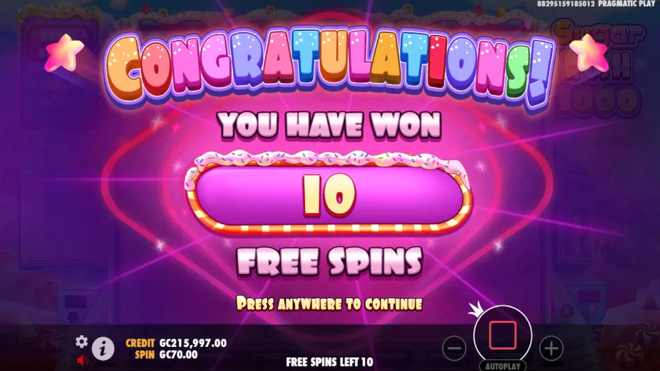 A congratulatory message from the Sugar Rush 1000 slot game shows that the player has won 10 free spins.