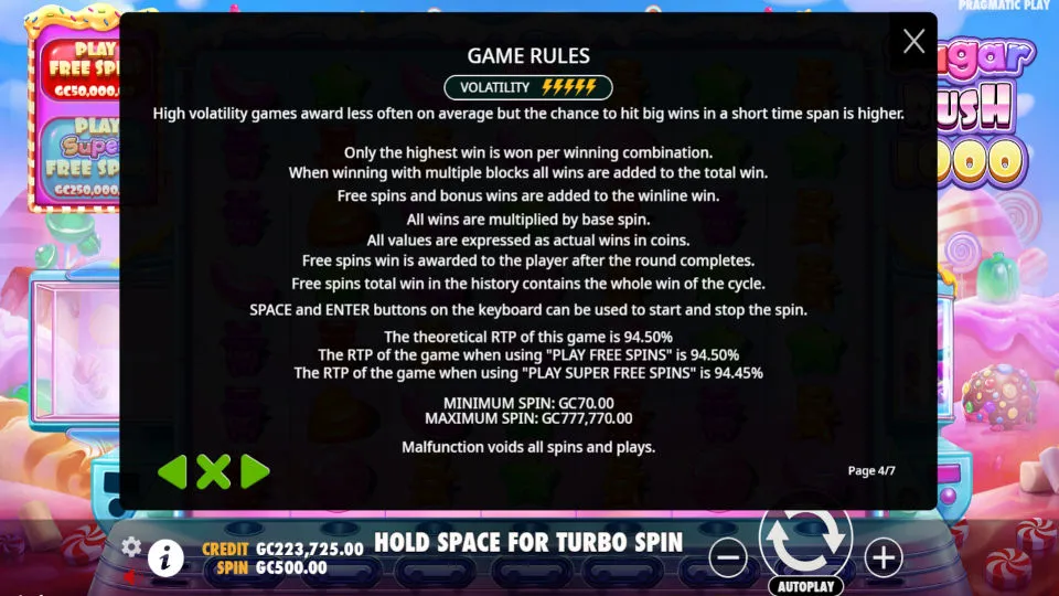 Game rules for Sugar Rush 1000 slot explaining how high volatility affects wins, the RTP percentage, minimum and maximum spins, and how to play. 