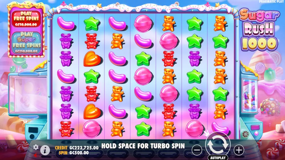 Sugar Rush 1000 slot game interface displays a 7x7 grid with current gold coin credits and spin options at the bottom.
