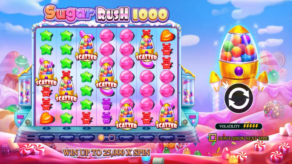 The Sweet Bonanza slot game with colorful candy and fruits, showcasing the candy theme and potential for big wins.