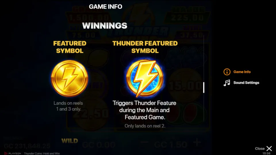 The Thunder Coins slot game rules screen shows how thunder and coin symbols interact on specific reels.