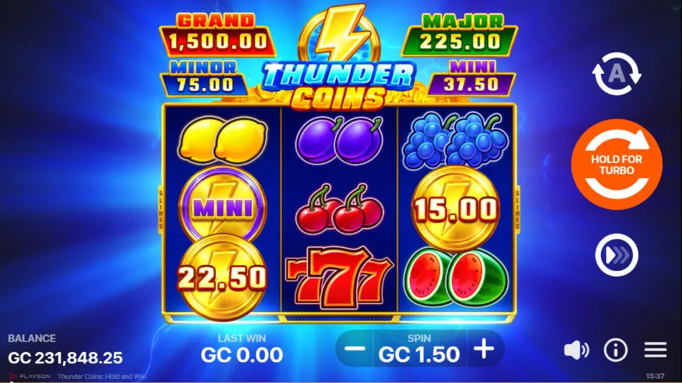 The gameplay screen of Thunder Coins slot with fruit icons and coin values on a 3x3 grid layout.