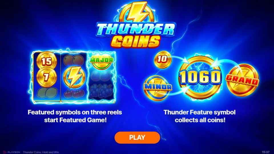 The opening screen of Thunder Coins slot shows the featured symbol on a 3x3 grid. Alongside it are gold coin with high values and the words minor and grand to showcase the collection feature.