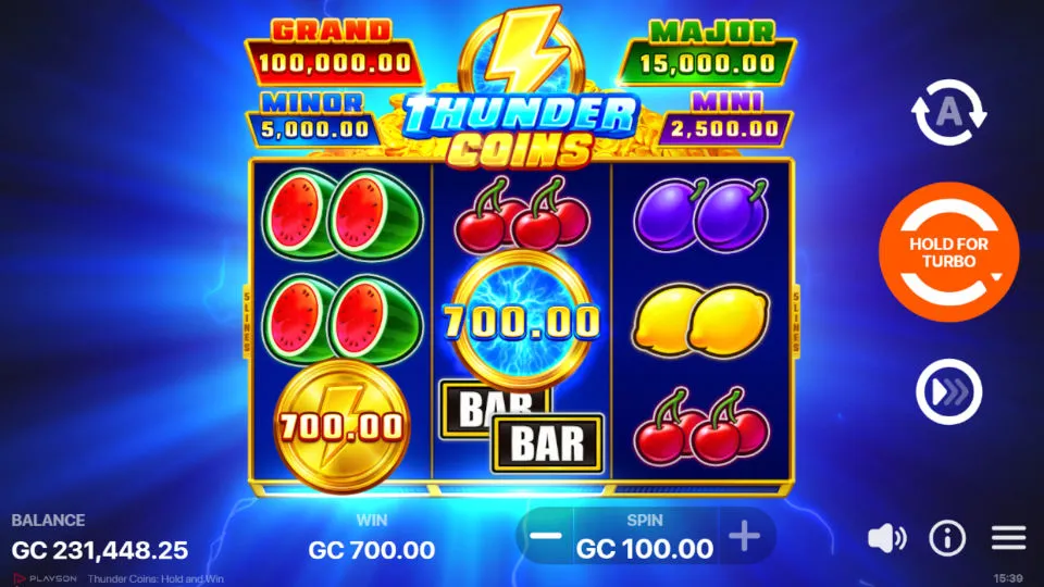 The Thunder Coins slot win screen shows a thunder symbol in the center and a 700 GC prize collected.