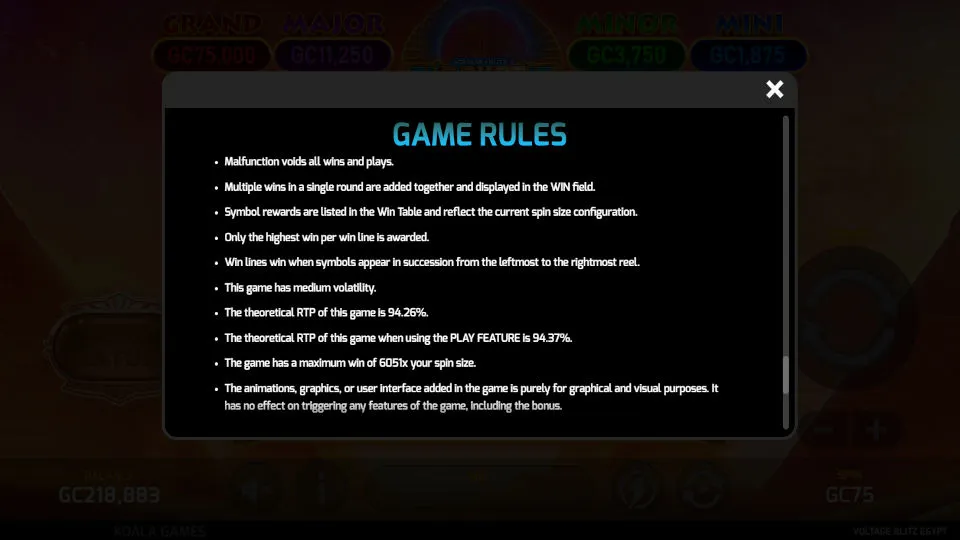 Game rules screen for Voltage Blitz Egypt slot, outlining win conditions, volatility, RTP, and the theoretical RTP when using the Play Feature.