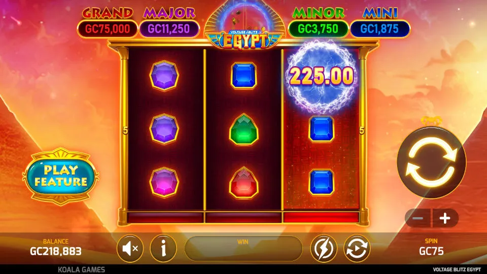 Gameplay screen of Voltage Blitz Egypt slot, displaying a 3-reel grid with gemstone symbols and jackpots.