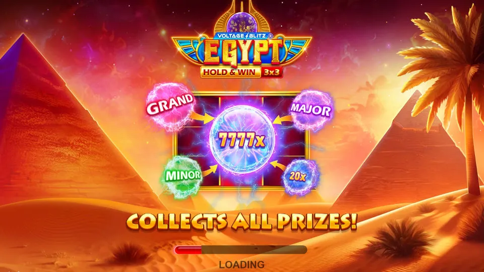 Voltage Blitz Egypt slot game by Koala Games opens with a desert pyramid backdrop with symbols of various jackpot amounts.