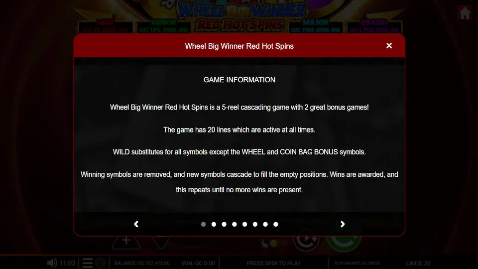 Game rules screen for the Wheel Big Winner Red Hot Spins slot, explaining cascading reels and bonus symbols.