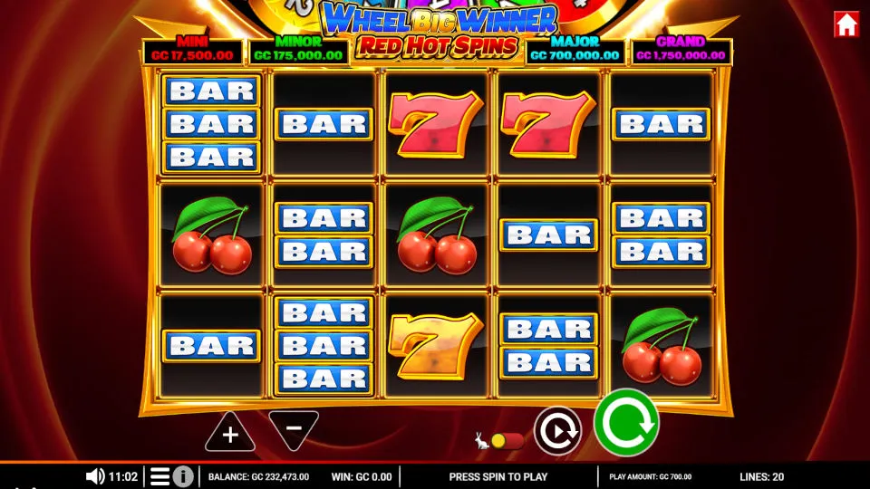 Gameplay screen of the Wheel Big Winner Red Hot Spins slot, featuring symbols like BAR, 7s, and Cherries.