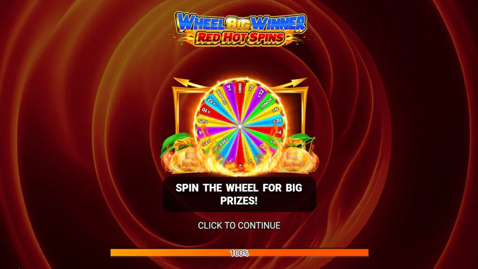 Opening screen of the Wheel Big Winner Red Hot Spins slot, with fiery visuals and the prominent wheel symbol.