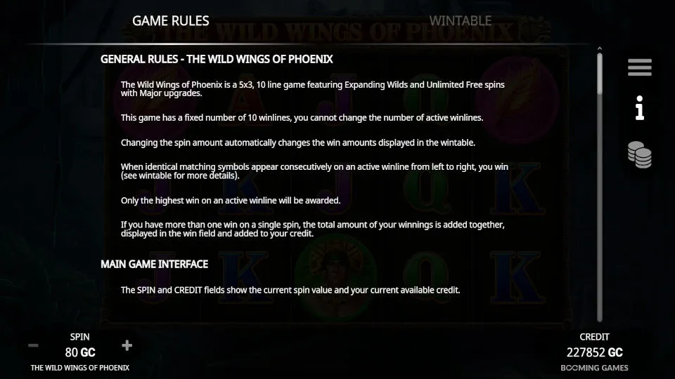 The game rules screen for The Wild Wings of Phoenix slot outlines expanding Wilds and Free Spins.