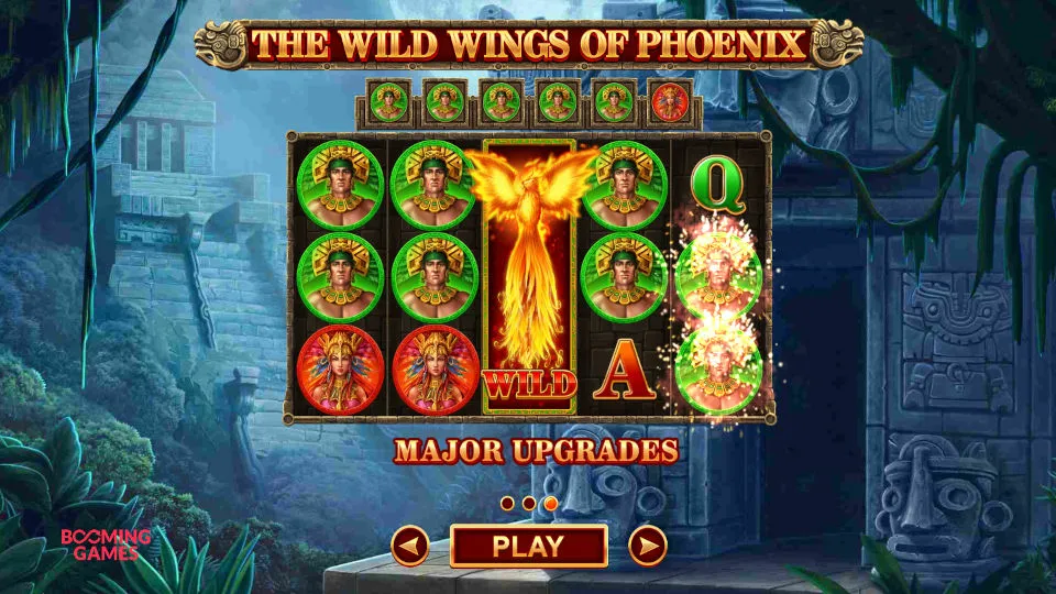 Opening screen of The Wild Wings of Phoenix slot, with a fiery Phoenix and jungle background.