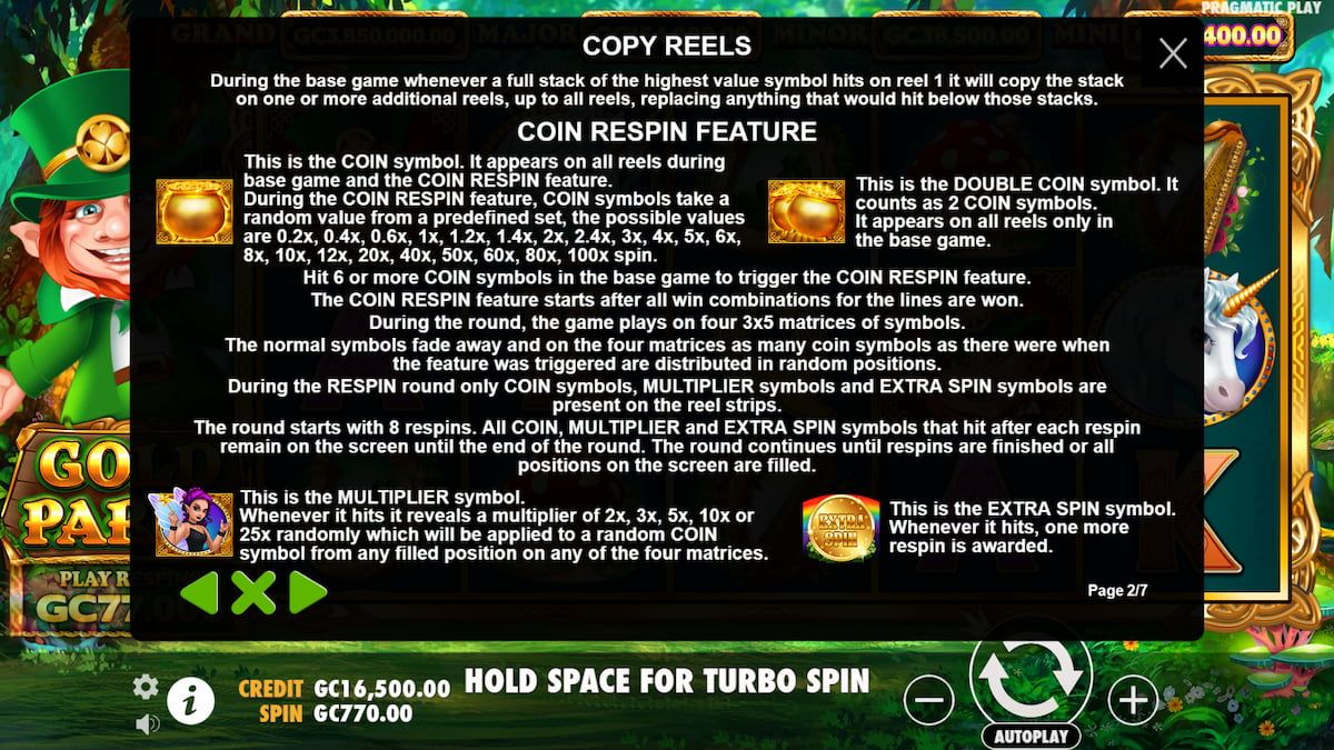 Gold Party slot game rules with symbols