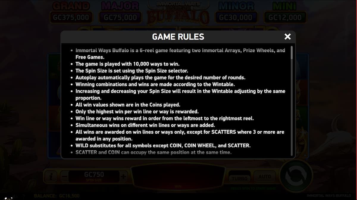 Immortal Ways Buffalo slot game rules
