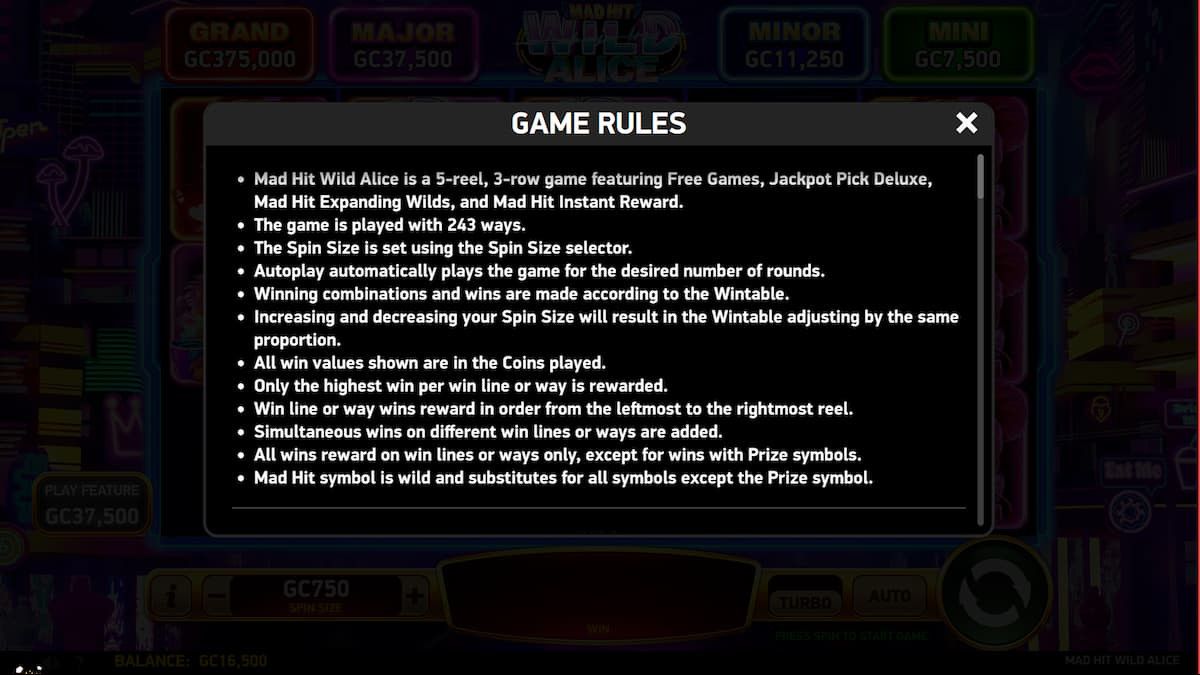 Mad Hit Wild Alice slot game rules