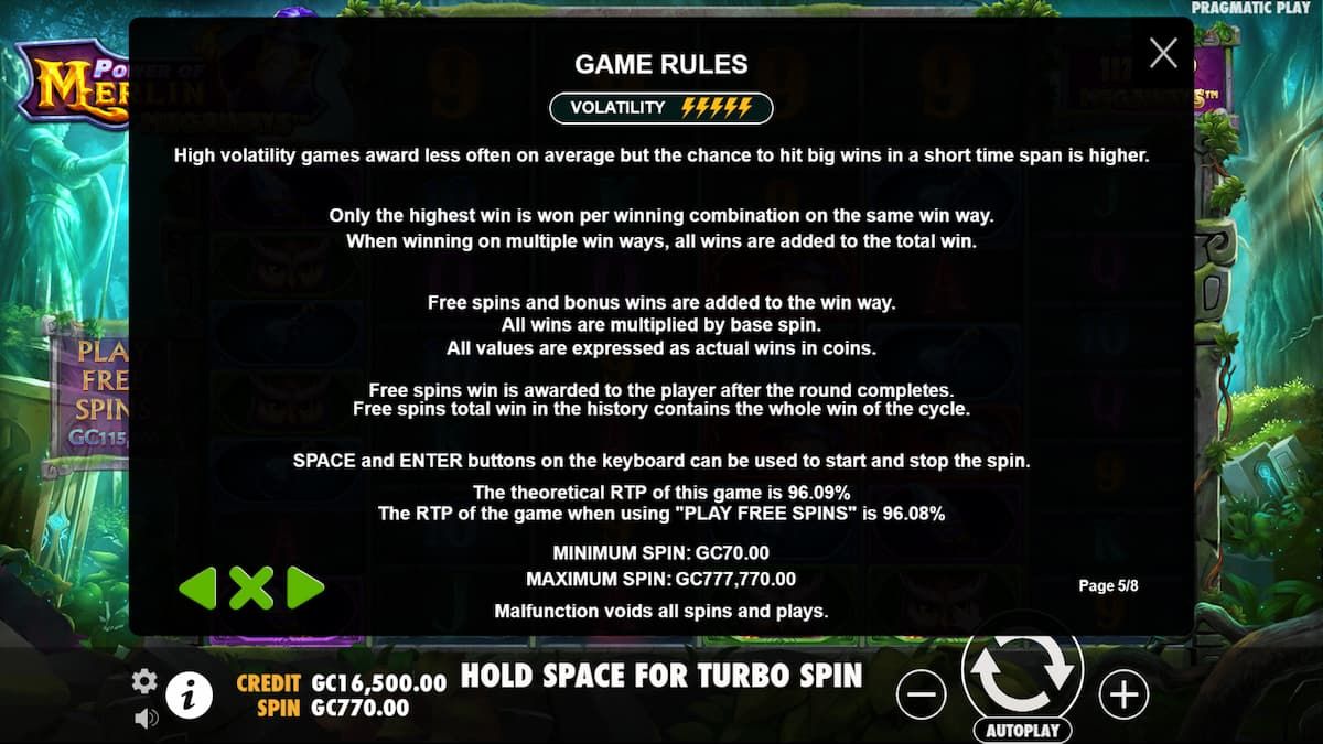 Power of Merlin Megaways slot game rules
