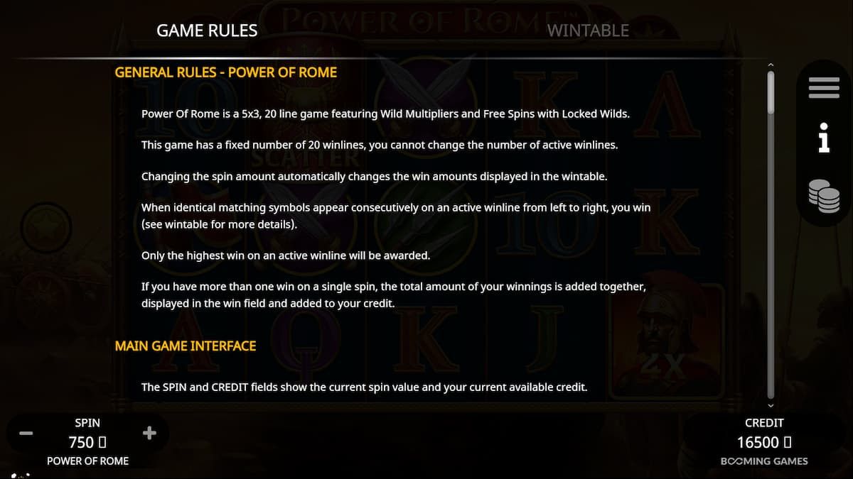 Power of Rome slot game rules