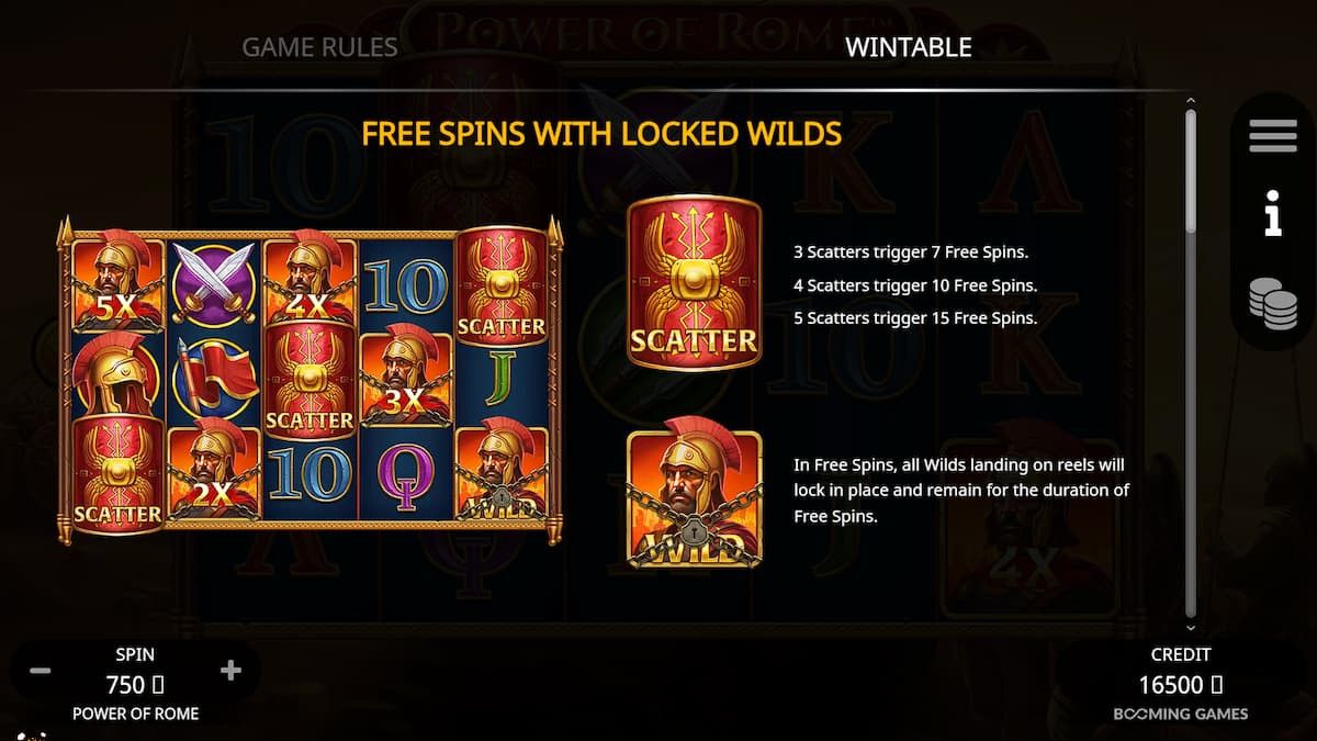 Power of Rome slot game wintable with symbols
