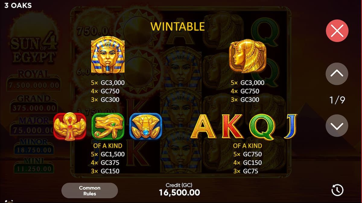 Sun of Egypt 4 Hold and Win wintable with symbols