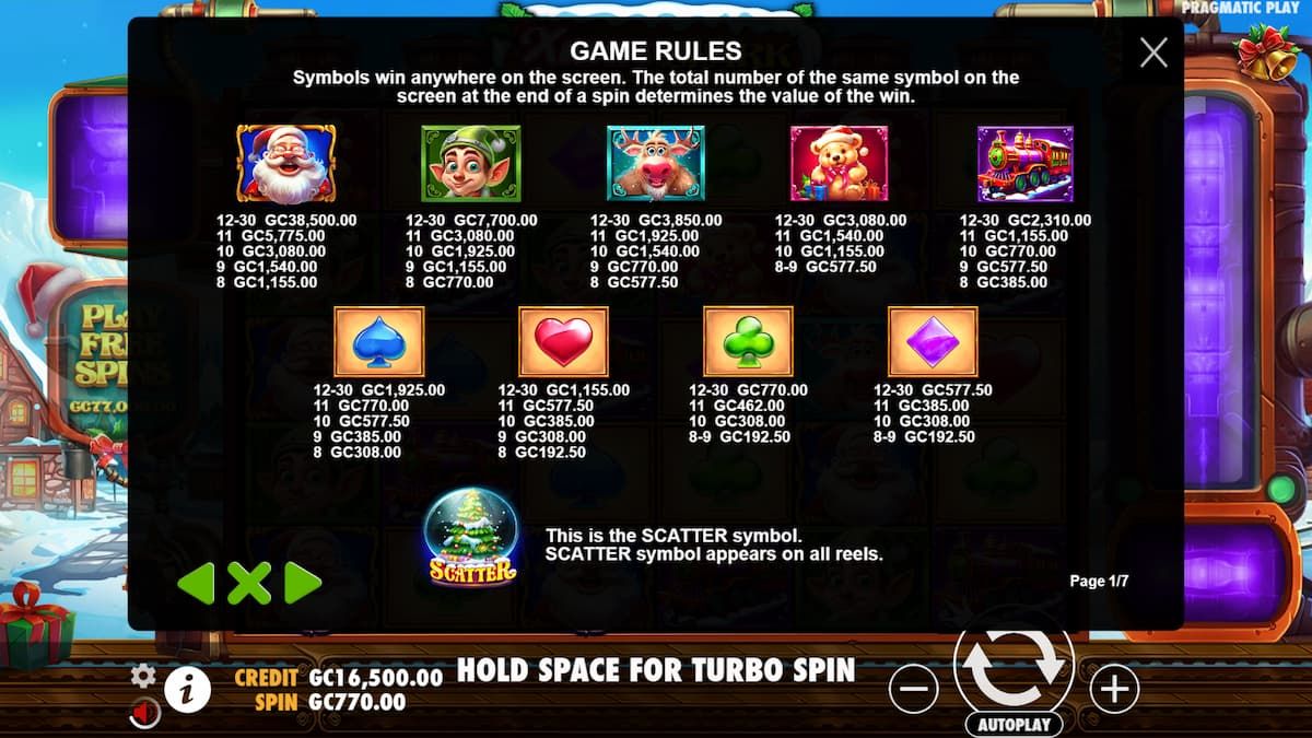 Xmas Spark slot wintable with symbols